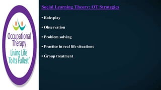 Social Learning Theory: OT Strategies
• Role-play
• Observation
• Problem solving
• Practice in real life situations
• Group treatment
 