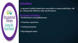 Self-efficacy
• A person’s beliefs about how successful or unsuccessful they will
be, will greatly influence their performance
Developing Self-efficacy
• Performance accomplishments
• Vicarious experience
• Verbal persuasion
• Physiological states
 