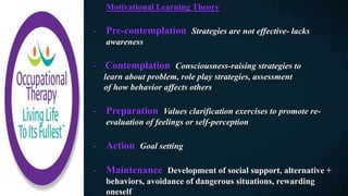 Motivational Learning Theory
- Pre-contemplation Strategies are not effective- lacks
awareness
- Contemplation Consciousness-raising strategies to
learn about problem, role play strategies, assessment
of how behavior affects others
- Preparation Values clarification exercises to promote re-
evaluation of feelings or self-perception
- Action Goal setting
- Maintenance Development of social support, alternative +
behaviors, avoidance of dangerous situations, rewarding
oneself
 