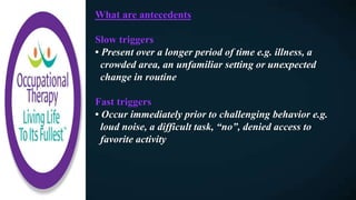 What are antecedents
Slow triggers
• Present over a longer period of time e.g. illness, a
crowded area, an unfamiliar setting or unexpected
change in routine
Fast triggers
• Occur immediately prior to challenging behavior e.g.
loud noise, a difficult task, “no”, denied access to
favorite activity
 