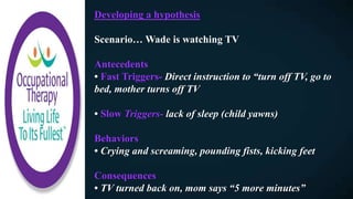 Developing a hypothesis
Scenario… Wade is watching TV
Antecedents
• Fast Triggers- Direct instruction to “turn off TV, go to
bed, mother turns off TV
• Slow Triggers- lack of sleep (child yawns)
Behaviors
• Crying and screaming, pounding fists, kicking feet
Consequences
• TV turned back on, mom says “5 more minutes”
 