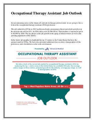 Occupational Therapy Assistant Job Outlook

In our continuing series on the future job outlook for therapy professionals we are going to take a
look at the occupational therapy assistant (OTA) profession.

The job outlook for OTAs in 2013 and beyond looks promising as the projected job growth over
the next decade will be 43%. In 2010, there were 28,500 OTAs. That number is expected to grow
to 40,800 by 2020. The key driver to the job growth is the aging of baby boomers as well as the
growing population of the elderly.

In the below infographic we highlight the top 15 metros in the United States that have the
greatest need for OTAs. We have also provided additional data on salary, demographics of the
profession, and a breakdown on the work environment.
 