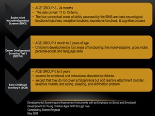 Bayley Infant
Neurodevelopmental
Screener (BINS)
• AGE GROUP-3 - 24 months
• The sets contain 11 to 13 items.
• The four conceptual areas of ability assessed by the BINS are basic neurological
functions/intactness; receptive functions; expressive functions; & cognitive process
Denver Developmental
Screening Test II
(DDST-II)
• AGE GROUP-1 month to 6 years of age
• Children's development in four areas of functioning: fine motor-adaptive, gross motor,
personal-social, and language skills
Early Childhood
Inventory-4 (ECI4)
• AGE GROUP-3 to 5 years
• screens for emotional and behavioural disorders in children.
• ,except that they do not cover schizophrenia but add reactive attachment disorder,
selective mutism, and eating, sleeping, and elimination problem
Developmental Screening and Assessment Instruments with an Emphasis on Social and Emotional
Development for Young Children Ages Birth through Five
Compiled by Sharon Ringwalt
May 2008
 