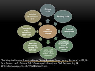 Early
Intervention
services
Sensory
motor
Self-help skills
Postural
developmen
t
Mental health
counselling for
children,
parents, and
familiesMental health
counselling for
children, parents,
and families
Assisting
technology
devices and
services
Therapeutic
early
childhood
classrooms
Adaptive
behaviour and
play
"Predicting the Future of Premature Babies, Testing Previews Future Learning Problems." Vol.29, No.
14 -- Research -- On Campus, OSU's Newspaper for Faculty and Staff. Retrieved July 24,
2016. http://oncampus.osu.edu/v29n14/research.html.
 