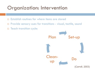 Organization: Intervention
   Establish routines for where items are stored
   Provide sensory cues for transitions - visual, tactile, sound
   Teach transition cycle:

                                    Plan             Set-up



                                  Clean-                Do
                                    up
                                                          (Carroll, 2003)
 