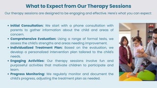 What to Expect from Our Therapy Sessions
Initial Consultation: We start with a phone consultation with
parents to gather information about the child and areas of
concern.
Comprehensive Evaluation: Using a range of formal tests, we
assess the child's strengths and areas needing improvement.
Individualized Treatment Plan: Based on the evaluation, we
develop a personalized intervention plan tailored to the child's
needs.
Engaging Activities: Our therapy sessions involve fun and
purposeful activities that motivate children to participate and
learn.
Progress Monitoring: We regularly monitor and document the
child's progress, adjusting the treatment plan as needed.
Our therapy sessions are designed to be engaging and effective. Here's what you can expect:
 