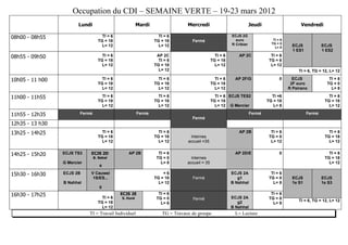 Occupation du CDI – SEMAINE VERTE – 19-23 mars 2012
                        Lundi                           Mardi                  Mercredi                              Jeudi                     Vendredi

08h00 - 08h55                        TI = 6                       TI = 6                                 ECJS 2G
                                                                                                           euro                 TI = 6
                                   TG = 18                      TG = 18          Fermé
                                                                                                         R Cribier             TG = 0
                                     L= 12                        L= 12                                                          L= 8     ECJS            ECJS
                                                                                                                                          1 ES1           1 ES2
08h55 - 09h50                        TI = 6                      AP 2C                          TI = 6       AP 2C             TI = 6
                                   TG = 18                        TI = 6                      TG = 18                         TG = 6
                                     L= 12                      TG = 18                         L= 12                          L= 12
                                                                  L= 12                                                                       TI = 6, TG = 12, L= 12

10h05 - 11 h00                       TI = 6                       TI = 6                        TI = 6    AP 2F/G                   0      ECJS               TI = 6
                                   TG = 18                      TG = 18                       TG = 18                                     2F euro            TG = 0
                                     L= 12                        L= 12                         L= 12                                    R Peirano             L= 8

11h00 - 11h55                        TI = 6                       TI = 6                        TI = 6 ECJS TES2               TI =6                         TI = 6
                                   TG = 18                      TG = 18                       TG = 18                        TG = 18                       TG = 18
                                     L= 12                        L= 12                         L= 12 G Mercier                 L= 8                         L= 12

11h55 - 12h35            Fermé                          Fermé                                                        Fermé                        Fermé
                                                                                 Fermé
12h35 - 13 h30
13h25 - 14h25                        TI = 6                       TI = 6                                     AP 2B             TI = 6                        TI = 6
                                   TG = 18                      TG = 18         Internes                                      TG = 0                       TG = 18
                                     L= 12                        L= 12        accueil =35                                     L= 12                         L= 12


14h25 - 15h20    ECJS TS3    ECJS 2D             AP 2B            TI = 6                                  AP 2D/E                   0                        TI = 6
                                 B. Nahal                        TG = 0          Internes                                                                  TG = 18
                 G Mercier                                         L= 8        accueil = 35                                                                  L= 12
                                    0

15h30 - 16h30    ECJS 2B     V Cauwel                               =6                                   ECJS 2A               TI = 6
                              1S/ES...                          TG = 18          Fermé                      g1                TG = 0      ECJS            ECJS
                 B Nahhal                                         L= 12                                  B Nahhal               L= 8      1e S1           1e S3
                                    0
16h30 - 17h25                        TI = 6
                                              ECJS 2E             TI = 6
                                                                                                         ECJS 2A
                                                                                                                               TI = 6
                                              S. Huvé            TG = 0          Fermé                                        TG = 0
                                   TG = 18                                                                  g2                                TI = 6, TG = 12, L= 12
                                                                   L= 6                                                         L= 8
                                     L= 12                                                               B Nahhal
                             TI = Travail Individuel                TG = Travaux de groupe                L= Lecture
 