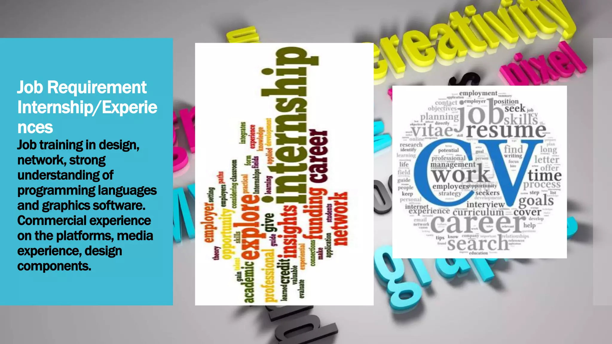 Job Requirement
Internship/Experie
nces
Job training in design,
network, strong
understanding of
programming languages
and graphics software.
Commercial experience
on the platforms, media
experience, design
components.
 
