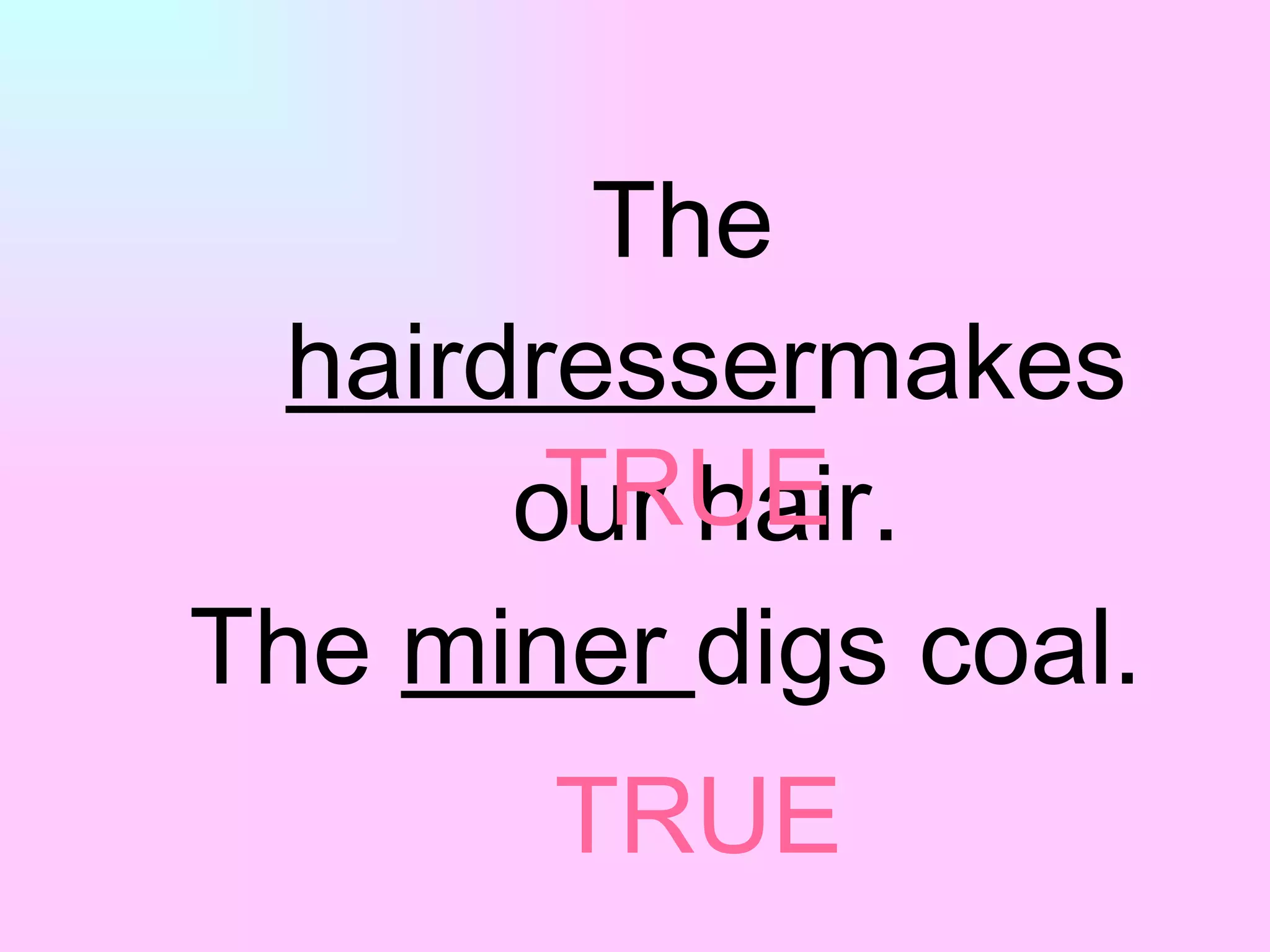 The   h airdresser makes  our   hair. The  miner  digs coal. TRUE TRUE 