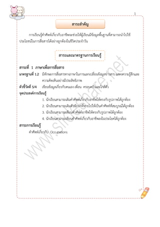 การเรียนรู้คาศัพท์เกี่ยวกับอาชีพจะช่วยให้ผู้เรียนมีข้อมูลพื้นฐานที่สามารถนาไปใช้ ประโยชน์ในการสื่อสารได้อย่างถูกต้องในชีวิตประจาวัน 
สำระที่ 1 ภำษำเพื่อกำรสื่อสำร 
มำตรฐำนที่ 1.2 มีทักษะการสื่อสารทางภาษาในการแลกเปลี่ยนข้อมูลข่าวสาร แสดงความรู้สึกและ ความคิดเห็นอย่างมีประสิทธิภาพ 
ตัวชี้วัดที่ 5/4 เขียนข้อมูลเกี่ยวกับตนเอง เพื่อน ครอบครัวและใกล้ตัว 
จุดประสงค์กำรเรียนรู้ 
1. นักเรียนสามารถเติมคาศัพท์เกี่ยวกับอาชีพให้ตรงกับรูปภาพได้ถูกต้อง 
2. นักเรียนสามารถเติมตัวอักษรที่หายไปให้เป็นคาศัพท์ที่สมบูรณ์ได้ถูกต้อง 
3. นักเรียนสามารถเขียนคาศัพท์อาชีพให้ตรงกับรูปภาพได้ถูกต้อง 
4. นักเรียนสามารถเขียนคาศัพท์เกี่ยวกับอาชีพลงในประโยคได้ถูกต้อง 
สำระกำรเรียนรู้ 
คาศัพท์เกี่ยวกับ Occupations 
สำระและมำตรฐำนกำรเรียนรู้ 
สำระสำคัญ 
1  