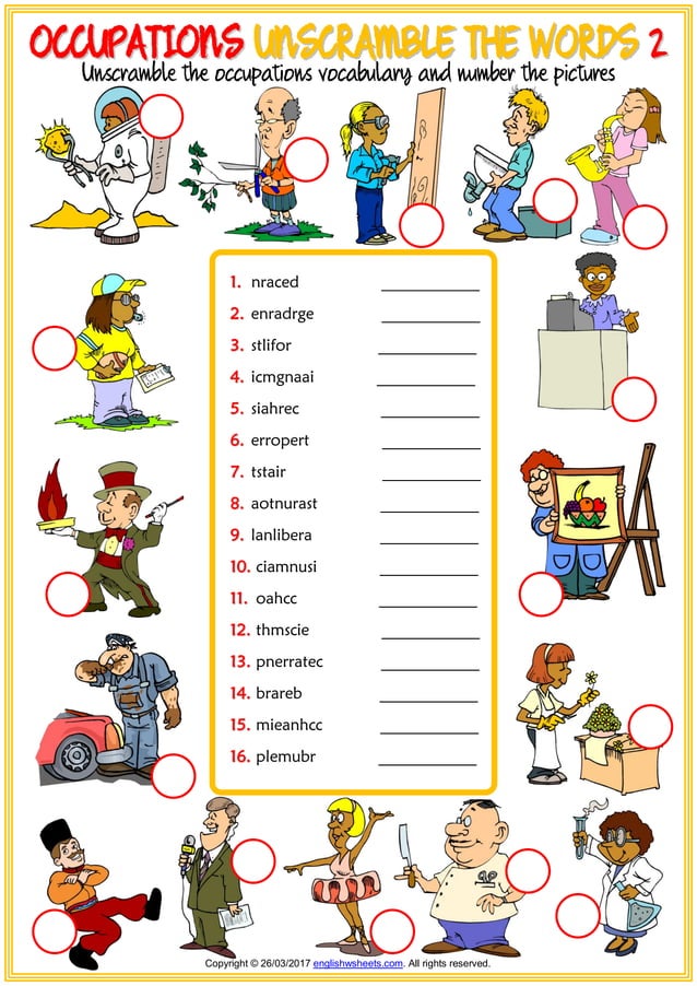 Occupations vocabulary esl unscramble the words worksheets for kids