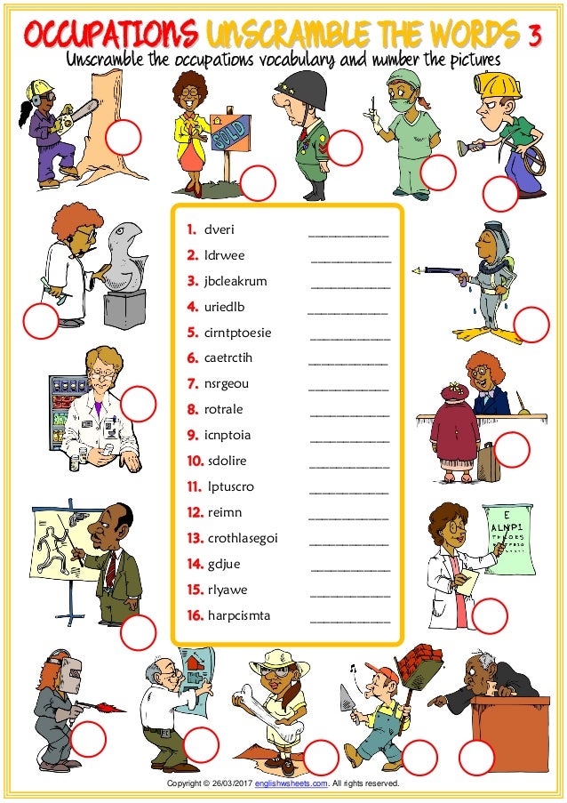 occupations vocabulary esl unscramble the words worksheets for kids