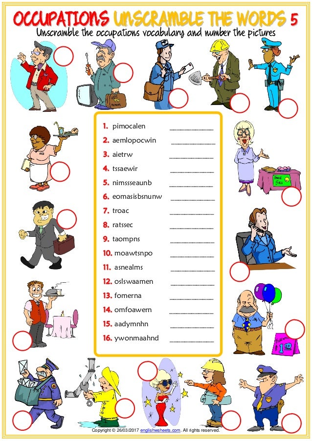 occupations vocabulary esl unscramble the words worksheets