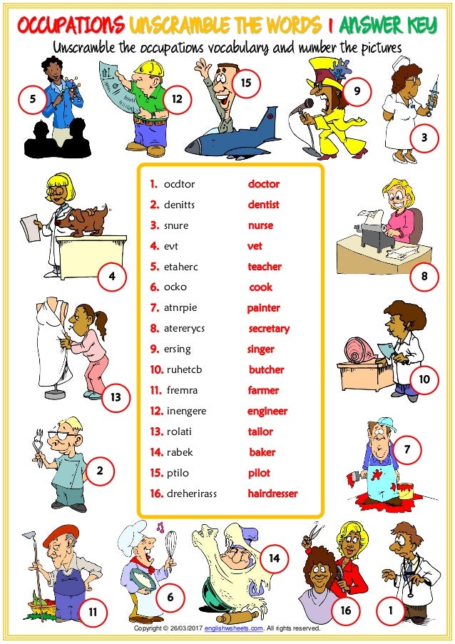 occupations vocabulary esl unscramble the words worksheets for kids