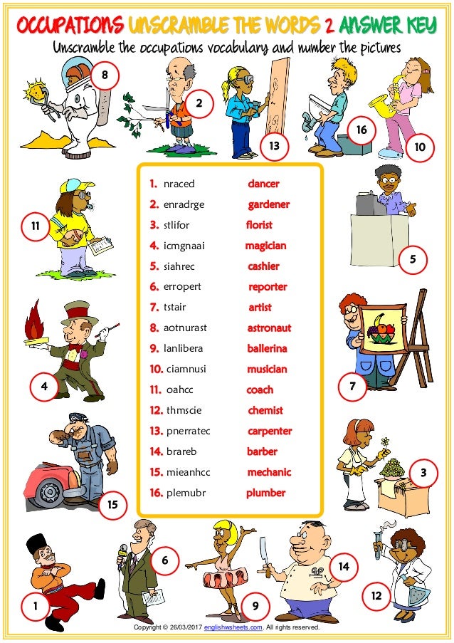 occupations vocabulary esl unscramble the words worksheets for kids