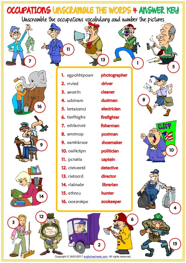 occupations vocabulary esl unscramble the words worksheets for kids