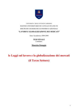 UNIVERSITA’ DEGLI STUDI DI CAMERINO
          MASTER UNIVERSITARIO DI I LIVELLO ON LINE IN
          DISCIPLINE GIURIDICIHE-ECONOMICO AZIENDALI
        “LAVORO E GLOBALIZZAZIONE DEI MERCATI”

                    Anno Accademico 2008-2009

                         TESI FINALE
                            Candidato:

                       Maurizio Putaggio




le Leggi sul lavoro e la globalizzazione dei mercati
                   (il Terzo Settore)




                                                         1
 