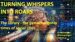 TURNING WHISPERS
INTO ROARS
The library - the gamechanger in
times of social crisis
Liz McGettigan
@lizmcgettigan
liz@sol.us
 
