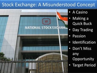 Stock Exchange: A Misunderstood Concept
                            • A Casino
                            • Making a
                              Quick Buck
                            • Day Trading
                            • Passion
                            • Identification
                            • Don’t Miss
                              any
                              Opportunity
                            • Target Period
 