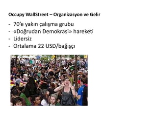 Occupy WallStreet – Organizasyon ve Gelir
-   70’e yakın çalışma grubu
-   «Doğrudan Demokrasi» hareketi
-   Lidersiz
-   Ortalama 22 USD/bağışçı
 