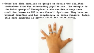  There are some families or groups of people who isolated
themselves from the surrounding populations. One example is
the Amish group of Pennsylvania who carries a very rare
condition known as Ellis-van Creveld Syndrome. They have an
unusual dwarfism and has polydactyly or extra fingers. Today,
this rare syndrome is common among the Amish group.
 