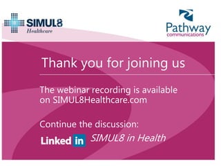 Thank you for joining us
The webinar recording is available
on SIMUL8Healthcare.com
Continue the discussion:
SIMUL8 in Health
 