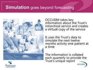 Simulation goes beyond forecasting
OCCUSIM takes key
information about the Trust’s
intravitreal service and creates
a virtual copy of the service
It uses the Trust’s data to
simulate the next twelve
months activity one patient at
a time
The information is collated
each quarterly to provide the
Trust’s unique report
 