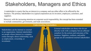 Stakeholders, Managers and Ethics
A stakeholder is a party that has an interest in a company and can either affect or be affected by the
business. The primary stakeholders in a typical corporation are its investors, employees, customers, and
suppliers.
However, with the increasing attention on corporate social responsibility, the concept has been extended
to include communities, governments, and trade associations.
Stakeholders can be internal or external
to an organization. Internal stakeholders
are people whose interest in a company
comes through a direct relationship, such
as employment, ownership, or
investment.
External stakeholders are those who do not
directly work with a company but are affected
somehow by the actions and outcomes of the
business. Suppliers, creditors, and public
groups are all considered external stakeholders
Understanding Stakeholders
 