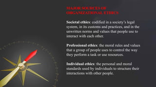 MAJOR SOURCES OF
ORGANIZATIONAL ETHICS
Societal ethics: codified in a society’s legal
system, in its customs and practices, and in the
unwritten norms and values that people use to
interact with each other.
Professional ethics: the moral rules and values
that a group of people uses to control the way
they perform a task or use resources.
Individual ethics: the personal and moral
standards used by individuals to structure their
interactions with other people.
 