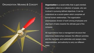 Organization is a social entity that is goal oriented.
Organization refers to a collection of people, who are
involved in pursuing defined objectives. It can be
understood as a social system which comprises all
formal human relationships. The organization
encompasses division of work among employees and
alignment of tasks towards the ultimate goal of the
company
All organizations have a management structure that
determines relationships between the different activities
and the members, and subdivides and assigns roles,
responsibilities, and authority to carry out different
tasks.
ORGANIZATION: MEANING & CONCEPT
 