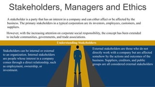 Stakeholders, Managers and Ethics
A stakeholder is a party that has an interest in a company and can either affect or be affected by the
business. The primary stakeholders in a typical corporation are its investors, employees, customers, and
suppliers.
However, with the increasing attention on corporate social responsibility, the concept has been extended
to include communities, governments, and trade associations.
Stakeholders can be internal or external
to an organization. Internal stakeholders
are people whose interest in a company
comes through a direct relationship, such
as employment, ownership, or
investment.
External stakeholders are those who do not
directly work with a company but are affected
somehow by the actions and outcomes of the
business. Suppliers, creditors, and public
groups are all considered external stakeholders
Understanding Stakeholders
 