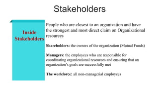 Stakeholders
People who are closest to an organization and have
the strongest and most direct claim on Organizational
resources
Shareholders: the owners of the organization (Mutual Funds)
Managers: the employees who are responsible for
coordinating organizational resources and ensuring that an
organization’s goals are successfully met
The workforce: all non-managerial employees
Inside
Stakeholders
 