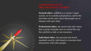 MAJOR SOURCES OF
ORGANIZATIONAL ETHICS
Societal ethics: codified in a society’s legal
system, in its customs and practices, and in the
unwritten norms and values that people use to
interact with each other.
Professional ethics: the moral rules and values
that a group of people uses to control the way
they perform a task or use resources.
Individual ethics: the personal and moral
standards used by individuals to structure their
interactions with other people.
 