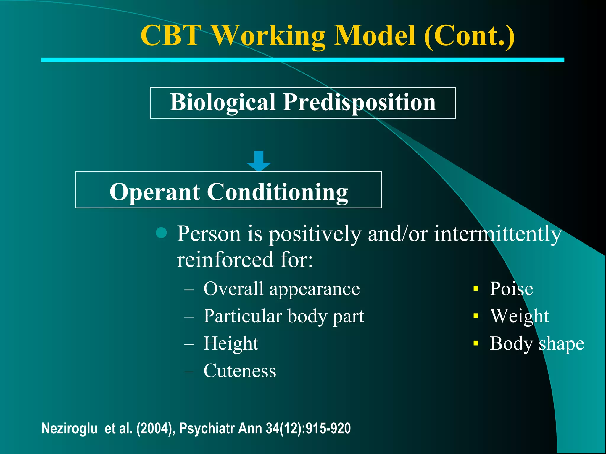 Person is positively and/or intermittently reinforced for: Overall appearance ▪   Poise Particular body part ▪   Weight Height ▪   Body shape Cuteness Biological Predisposition Operant Conditioning CBT Working Model (Cont.) Neziroglu  et al. (2004), Psychiatr Ann 34(12):915-920 
