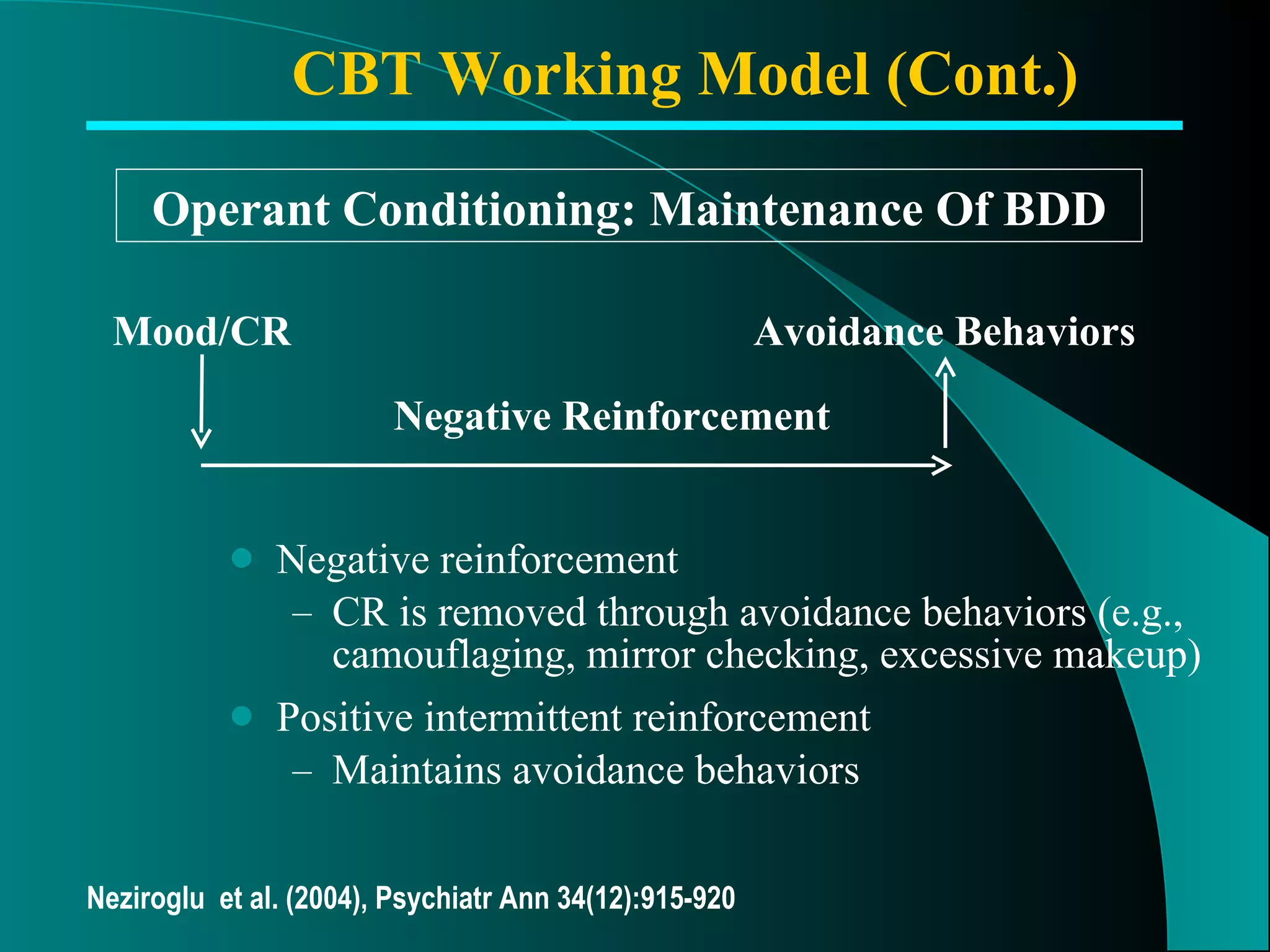 Negative reinforcement CR is removed through avoidance behaviors (e.g., camouflaging, mirror checking, excessive makeup) Positive intermittent reinforcement Maintains avoidance behaviors Operant Conditioning: Maintenance Of BDD Mood/CR Avoidance Behaviors Negative Reinforcement CBT Working Model (Cont.) Neziroglu  et al. (2004), Psychiatr Ann 34(12):915-920 
