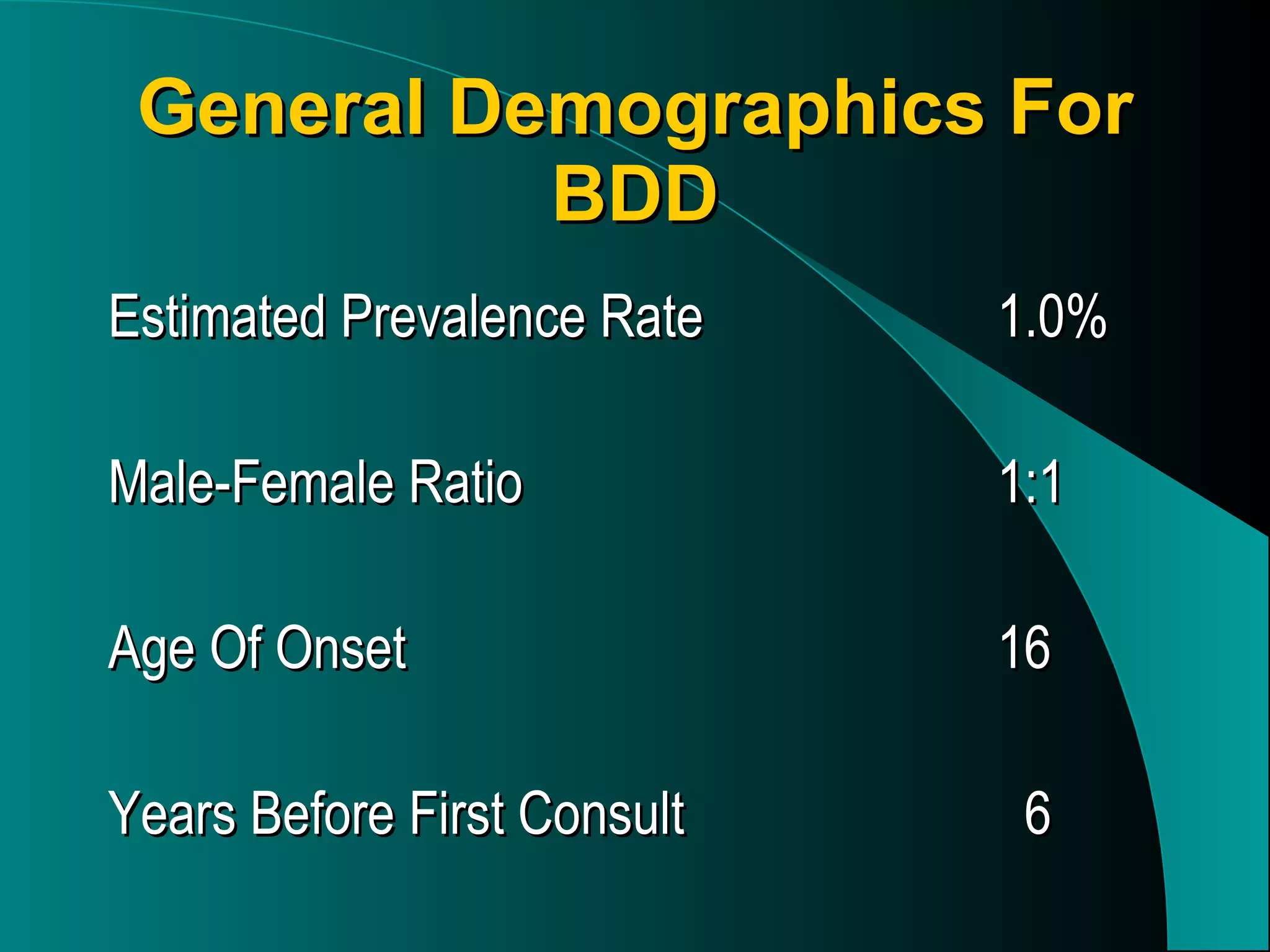 General Demographics For BDD Estimated Prevalence Rate 1.0% Male-Female Ratio 1:1 Age Of Onset 16 Years Before First Consult   6 