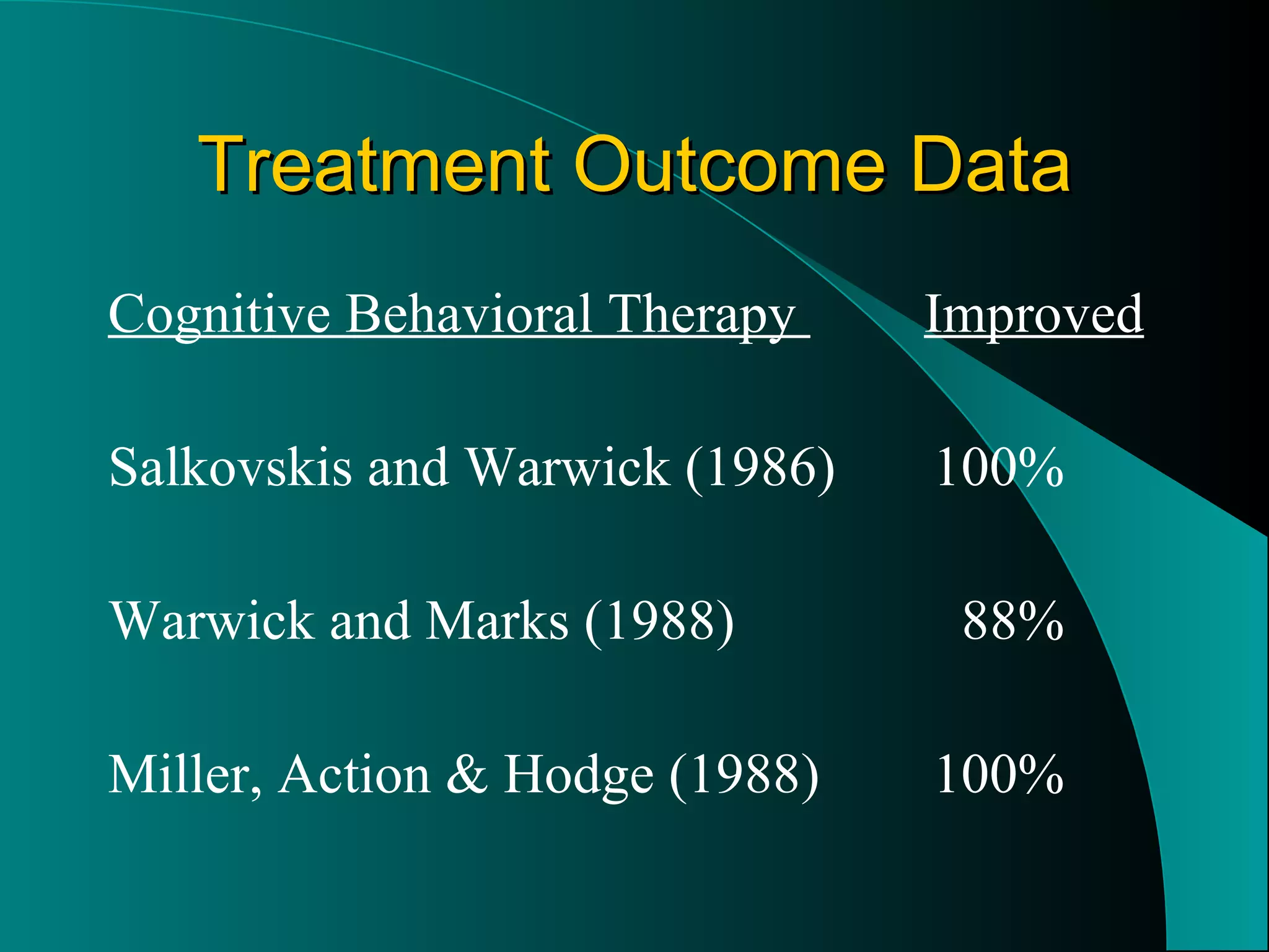 Treatment Outcome Data Cognitive Behavioral Therapy  Improved Salkovskis and Warwick (1986) 100% Warwick and Marks (1988)   88% Miller, Action & Hodge (1988) 100% 