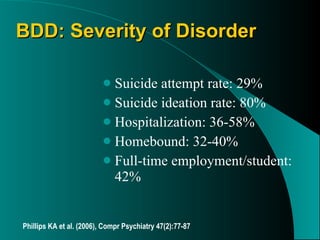 BDD: Severity of Disorder Suicide attempt rate: 29% Suicide ideation rate: 80% Hospitalization: 36-58% Homebound: 32-40% Full-time employment/student: 42% Phillips KA et al. (2006), Compr Psychiatry 47(2):77-87 