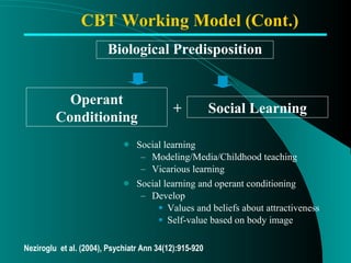 Social learning Modeling/Media/Childhood teaching  Vicarious learning Social learning and operant conditioning Develop Values and beliefs about attractiveness Self-value based on body image + Biological Predisposition Operant Conditioning CBT Working Model (Cont.) Social Learning Neziroglu  et al. (2004), Psychiatr Ann 34(12):915-920 