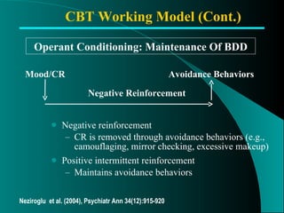 Negative reinforcement CR is removed through avoidance behaviors (e.g., camouflaging, mirror checking, excessive makeup) Positive intermittent reinforcement Maintains avoidance behaviors Operant Conditioning: Maintenance Of BDD Mood/CR Avoidance Behaviors Negative Reinforcement CBT Working Model (Cont.) Neziroglu  et al. (2004), Psychiatr Ann 34(12):915-920 