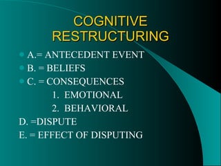 COGNITIVE RESTRUCTURING A.= ANTECEDENT EVENT B. = BELIEFS C. = CONSEQUENCES 1.  EMOTIONAL 2.  BEHAVIORAL D. =DISPUTE E. = EFFECT OF DISPUTING 
