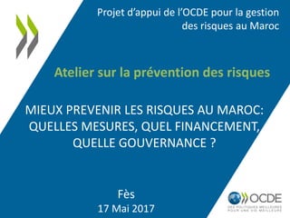 Fès
17 Mai 2017
Atelier sur la prévention des risques
Projet d’appui de l’OCDE pour la gestion
des risques au Maroc
MIEUX PREVENIR LES RISQUES AU MAROC:
QUELLES MESURES, QUEL FINANCEMENT,
QUELLE GOUVERNANCE ?
 