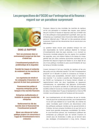 - 3Panorama des Perspectives 2015 de l’OCDE sur l’entreprise et la ﬁnance
Pourquoi, depuis la crise mondiale, les marchés ...