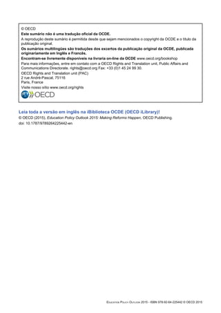© OECD
Este sumário não é uma tradução oficial da OCDE.
A reprodução deste sumário é permitida desde que sejam mencionados o copyright da OCDE e o título da
publicação original.
Os sumários multilingües são traduções dos excertos da publicação original da OCDE, publicada
originariamente em Inglês e Francês.
Encontram-se livremente disponíveis na livraria on-line da OCDE www.oecd.org/bookshop
Para mais informações, entre em contato com a OECD Rights and Translation unit, Public Affairs and
Communications Directorate. rights@oecd.org Fax: +33 (0)1 45 24 99 30.
OECD Rights and Translation unit (PAC)
2 rue André-Pascal, 75116
Paris, France
Visite nosso sítio www.oecd.org/rights
Leia toda a versão em inglês na iBiblioteca OCDE (OECD iLibrary)!
© OECD (2015), Education Policy Outlook 2015: Making Reforms Happen, OECD Publishing.
doi: 10.1787/9789264225442-en
EDUCATION POLICY OUTLOOK 2015 - ISBN 978-92-64-225442 © OECD 2015
 