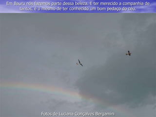 Em Bauru nós fazemos parte dessa beleza. E ter merecido a companhia de
tantos, é o mesmo de ter conhecido um bom pedaço do céu.
Fotos de Luciana Gonçalves Bergamini
 