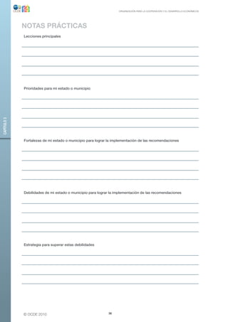 ORGANIZACIÓN PARA LA COOPERACIÓN Y EL DESARROLLO ECONÓMICOS




             NOTAS PRÁCTICAS
             Lecciones principales




             Prioridades para mi estado o municipio
CAPÍTULO 3




             Fortalezas de mi estado o municipio para lograr la implementación de las recomendaciones




             Debilidades de mi estado o municipio para lograr la implementación de las recomendaciones




             Estrategia para superar estas debilidades




             © OCDE 2010                                     36
 
