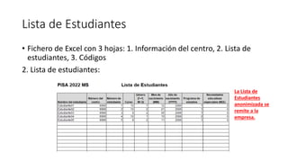 Lista de Estudiantes
• Fichero de Excel con 3 hojas: 1. Información del centro, 2. Lista de
estudiantes, 3. Códigos
2. Lista de estudiantes:
La Lista de
Estudiantes
anonimizada se
remite a la
empresa.
 