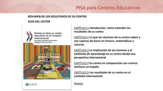 CAPÍTULO 1 Introducción, cómo entender los
resultados de su centro
CAPÍTULO 2 Lo que los alumnos de su centro saben y
son capaces de hacer en lectura, matemáticas y
ciencias
CAPÍTULO 3 La implicación de los alumnos y el
ambiente de aprendizaje en su centro desde una
perspectiva internacional
CAPÍTULO 4 Su centro en comparación con centros
similares en España
CAPÍTULO 5 Los resultados de su centro en el
contexto internacional
Anexos
PISA para Centros Educativos
RESUMEN DE LOS RESULTADOS DE SU CENTRO.
GUÍA DEL LECTOR
 