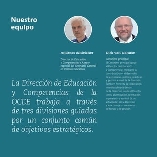 OCDE EDUCACIÓN Y COMPETENCIAS © OCDE 2019
22
La Dirección de Educación
y Competencias de la
OCDE trabaja a través
de tres divisiones guiadas
por un conjunto común
de objetivos estratégicos.
Andreas Schleicher
Director de Educación
y Competencias y Asesor
especial del Secretario General
en Política Educativa
Dirk Van Damme
Consejero principal
El Consejero principal apoya
al Director de Educación
y Competencias mediante su
contribución en el desarrollo
de estrategias, políticas, prácticas
y gestión a nivel de la Dirección.
También fomenta la cooperación
interdisciplinaria dentro
de la Dirección, asiste al Director
con la planificación, orientación,
supervisión y control de las
actividades de la Dirección
y le aconseja en cuestiones
de fondo y de gestión.
Nuestro
equipo
 