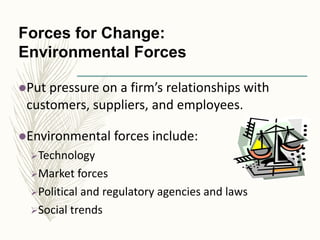 Forces for Change:
Environmental Forces
Put pressure on a firm’s relationships with
customers, suppliers, and employees.
...